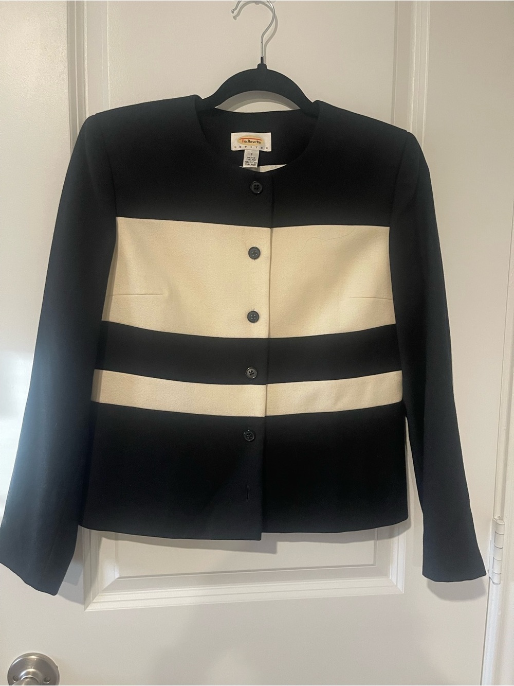 Talbots Black and Cream Striped Collarless Blazer